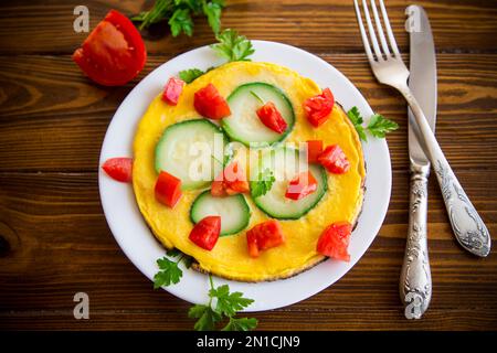 Omelette frite avec courgettes, tomates, herbes dans une assiette Banque D'Images