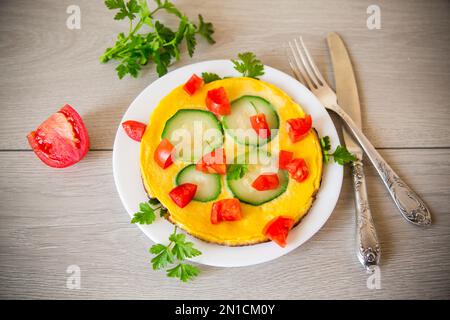 Omelette frite avec courgettes, tomates, herbes dans une assiette Banque D'Images