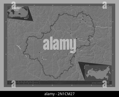 Kaluga, région de Russie. Carte d'altitude à deux niveaux avec lacs et rivières. Lieux et noms des principales villes de la région. Emplacement auxiliaire d'angle ma Banque D'Images