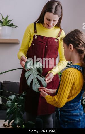 La jeune mère enceinte soignante explique à la fille comment prendre soin des plantes de la maison à la maison. Petite fille concentrée aidant maman à soigner les plantes. Concept Banque D'Images