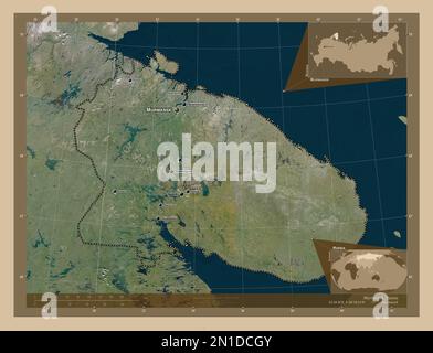 Mourmansk, région de Russie. Carte satellite basse résolution. Lieux et noms des principales villes de la région. Cartes d'emplacement auxiliaire d'angle Banque D'Images