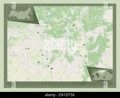 Ryazan', région de Russie. Ouvrez la carte des rues. Lieux des principales villes de la région. Cartes d'emplacement auxiliaire d'angle Banque D'Images