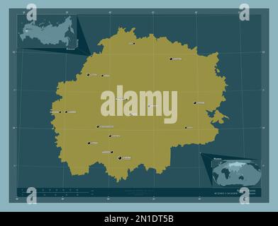 Ryazan', région de Russie. Forme de couleur unie. Lieux et noms des principales villes de la région. Cartes d'emplacement auxiliaire d'angle Banque D'Images