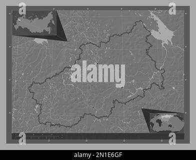 Tver', région de Russie. Carte d'altitude à deux niveaux avec lacs et rivières. Lieux des principales villes de la région. Cartes d'emplacement auxiliaire d'angle Banque D'Images