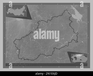 Tver', région de Russie. Carte d'altitude en niveaux de gris avec lacs et rivières. Lieux des principales villes de la région. Cartes d'emplacement auxiliaire d'angle Banque D'Images