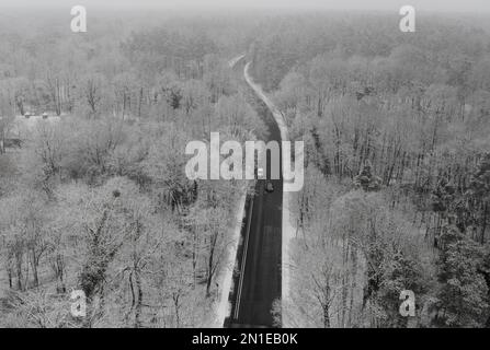 Berlin, Allemagne. 03rd janvier 2023. Voitures roulant sur une route dans la forêt enneigée de Grunewald. (Tir de drone) Credit: Paul Zinken/dpa/Alamy Live News Banque D'Images