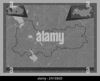 Vologda, région de Russie. Carte d'altitude à deux niveaux avec lacs et rivières. Lieux des principales villes de la région. Cartes d'emplacement auxiliaire d'angle Banque D'Images