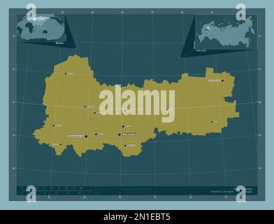 Vologda, région de Russie. Forme de couleur unie. Lieux et noms des principales villes de la région. Cartes d'emplacement auxiliaire d'angle Banque D'Images