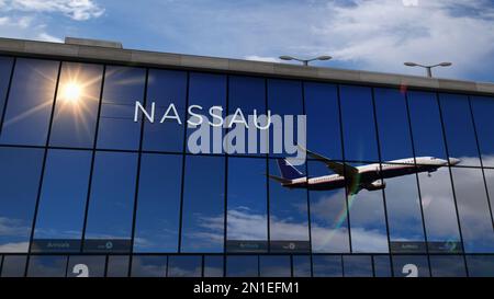 Atterrissage d'un avion à Nassau, Bahamas 3D, illustration. Arrivée en ville avec le terminal de verre de l'aéroport et le reflet de l'avion à réaction. Déplacement Banque D'Images