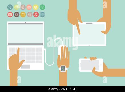 Concept d'appareils intelligents avec icônes d'applications colorées Illustration de Vecteur