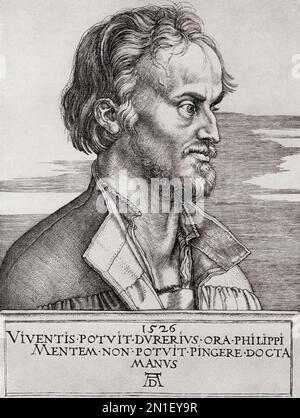 Portrait de Philip Melanchthon, né Philipp Schwartzerdt, 1497 – 1560. Réformateur luthérien allemand. Après l'œuvre d'Albrecht Dürer , 1471 – 1528, parfois orthographié en anglais comme Durer. Peintre allemand, graveur et théoricien de la Renaissance allemande. De Albrecht Dürer, Sein Leben und eine Auswahl seiner Werke ou sa vie et une sélection de ses œuvres, publié en 1928. Banque D'Images