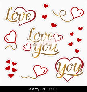 Un ensemble d'autocollants avec un thème d'amour en or et rouge. Ballons à coeur et coeurs manuscrits. Calligraphie moderne à l'encre de pinceau. Saint-Valentin, déclaration Illustration de Vecteur