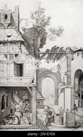 La Nativité, après l'œuvre d'Albrecht Dürer , 1471 – 1528, parfois orthographié en anglais comme Durer. Peintre allemand, graveur et théoricien de la Renaissance allemande. De Albrecht Dürer, Sein Leben und eine Auswahl seiner Werke ou sa vie et une sélection de ses œuvres, publié en 1928. Banque D'Images