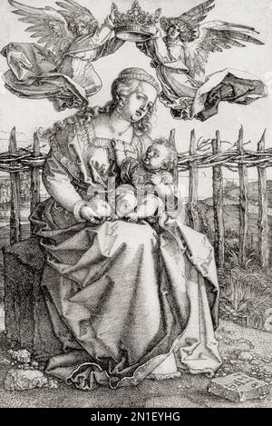 Madonna et l'enfant couronné par deux Anges, après l'œuvre d'Albrecht Dürer , 1471 – 1528, parfois orthographié en anglais comme Durer. Peintre allemand, graveur et théoricien de la Renaissance allemande. De Albrecht Dürer, Sein Leben und eine Auswahl seiner Werke ou sa vie et une sélection de ses œuvres, publié en 1928. Banque D'Images