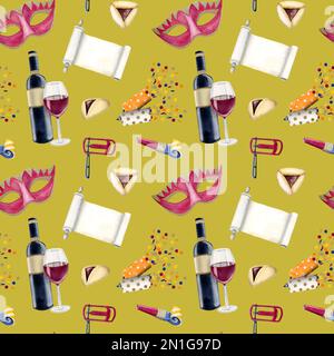 Motif aquarelle dessiné à la main sans couture pour Purim sur fond jaune verdâtre: Masque, vin rouge, crotler, crackers de fête, hamantaschen Banque D'Images