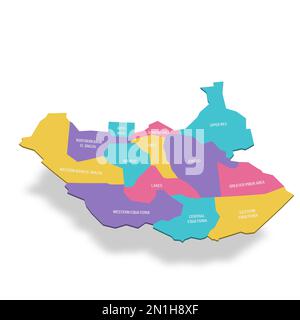 Soudan du Sud carte politique des divisions administratives - Etats, zones administratives et zones ayant un statut administratif spécial. 3D cartes vectorielles colorées avec étiquettes de nom. Illustration de Vecteur