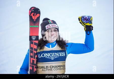 Méribel, France. 06th févr. 2023. Ski alpin: Championnat du monde: Combiné, femmes: Federica Brignone, Italie, à la ligne d'arrivée après le slalom dans le combiné alpin. Les Championnats du monde de ski se tiendront à Courchevel et à Méribel dans les Alpes françaises Credit: Michael Kappeller/dpa/Alay Live News Banque D'Images