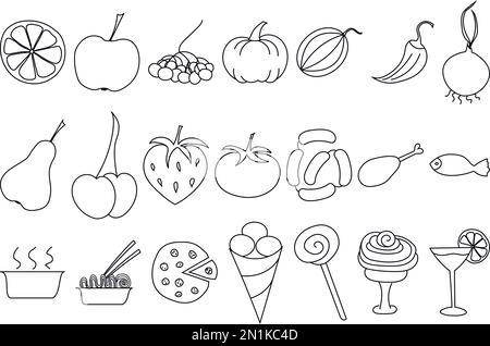 Dessin avec pack d'icônes de nourriture, boissons, plats, fruits et légumes Illustration de Vecteur