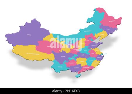 Chine carte politique des divisions administratives - provinces, régions autonomes et municipalités. 3D cartes vectorielles colorées avec étiquettes de nom. Illustration de Vecteur