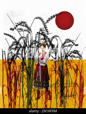 Collage d'art contemporain. Conception conceptuelle. Belle femme ukrainienne dans la tenue nationale debout dans beau jaune classé. Culture beauté de la nature Banque D'Images