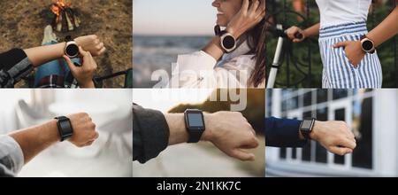 Photos de personnes utilisant différentes montres intelligentes, gros plan. Conception de collage Banque D'Images