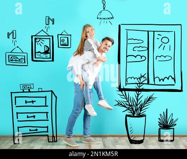 Un couple heureux rêvant de faire des travaux de rénovation dans une chambre vide. Design intérieur illustré Banque D'Images