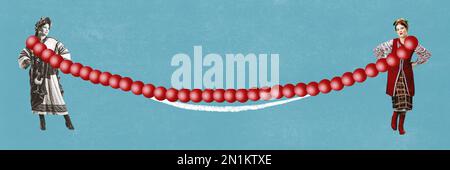 Collage d'art contemporain. Conception conceptuelle. Fille ukrainienne en tissu national debout avec un collier symbolisant le lien entre les générations Banque D'Images