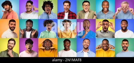 Mosaïque avec des portraits masculins avec des émotions différentes sur fond coloré Banque D'Images