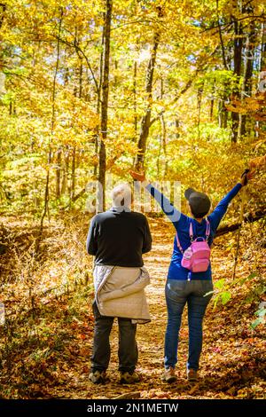 En automne, un couple de personnes âgées fait de la randonnée dans les bois en Caroline du Nord Banque D'Images