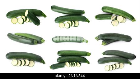 Ensemble de courgettes fraîches mûres sur fond blanc Banque D'Images
