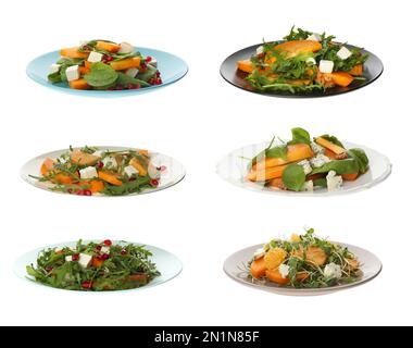 Ensemble de savoureuses salades de persimmon sur fond blanc Banque D'Images