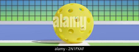 Pickleball jaune sur un terrain de sport sur le fond d'un filet. Gros plan 3D rendu Banque D'Images