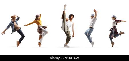 Groupe de jeunes danseurs, hommes et femmes, dansant de la rue, isolés sur fond blanc Banque D'Images