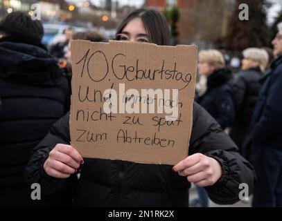 06 février 2023, Hesse, Königstein im Taunus: Avec des pancartes, des centaines de participants à une manifestation contre un événement simultané de l'AfD, qui célèbre son anniversaire de parti sous la devise '10 ans alternative pour l'Allemagne'. Photo : Boris Roessler/dpa Banque D'Images