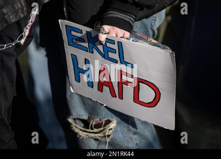 06 février 2023, Hesse, Königstein im Taunus: Avec des pancartes, des centaines de participants à une manifestation contre un événement simultané de l'AfD, qui célèbre son anniversaire de parti sous la devise '10 ans alternative pour l'Allemagne'. Photo : Boris Roessler/dpa Banque D'Images