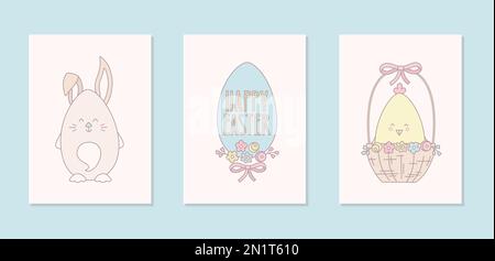 Ensemble de cartes de Pâques avec lapin, poussin, panier, œuf pour l'invination, bannière. Illustration vectorielle pour le message d'accueil. Illustration de Vecteur