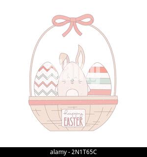 Panier de pâques mignon grunge avec lapin, œufs. Illustration vectorielle pour le message d'accueil, la bannière, la carte. Illustration de Vecteur