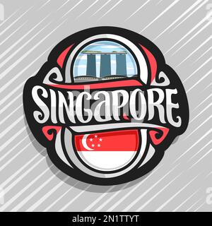 Logo Vector pour Singapour, pays aimant frigo avec drapeau, pinceau original typeface pour mot Singapour et symbole national - resort hotel Marina Illustration de Vecteur