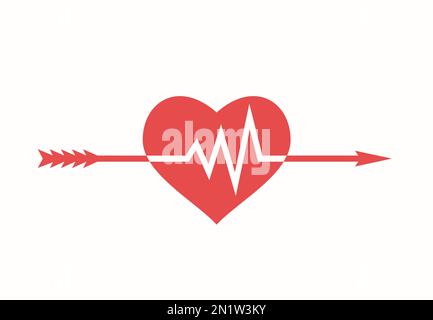 La flèche de l'amour pierces et brise le coeur. Diagramme de battements cardiaques de l'électrocardiogramme. Illustration de Vecteur