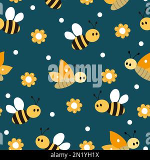 Abeilles et papillons mignons. Motif puéril sans coutures avec fleurs et insectes. Banque D'Images