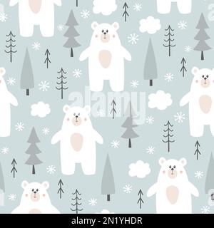 Motif hivernal sans coutures avec ours polaire, arbres et flocons de neige. Banque D'Images
