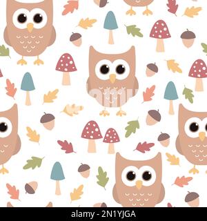 Motif sans couture avec hiboux, champignons, glands et feuilles. Arrière-plan de l'automne. Texture mignonne. Banque D'Images