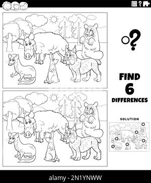 Dessin animé noir et blanc illustration de trouver les différences entre les images jeu éducatif avec les caractères sauvages groupe de coloriage page Illustration de Vecteur