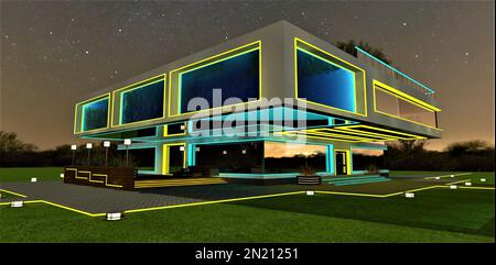 Design moderne de l'éclairage nocturne haut de gamme de la Suburban House. Combinaison appropriée de jaune et turquoise. Vue sur le porche et l'élégant patio avec Banque D'Images