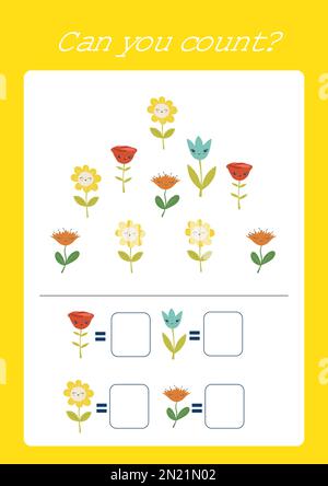 Amusant de mathématiques préscolaire au format vectoriel. Compter la feuille de travail de la maternelle de fleurs de kawaii, vecteur facile à recolorer Illustration de Vecteur