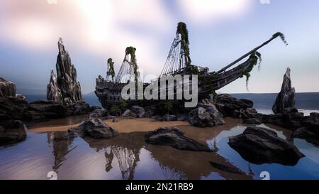 Épave de vieux bateau pirate, entoronné sur des rochers et une plage de sable, recouverte d'algues et de bois pourri. 3D illustration. Banque D'Images