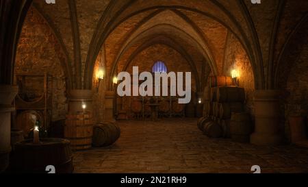 Cave à vin d'une ancienne taverne médiévale éclairée par des torches et des bougies. 3D rendu. Banque D'Images