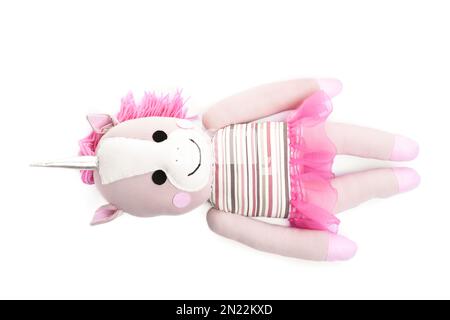 Adorable licorne en peluche isolée sur blanc Banque D'Images