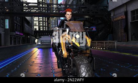 3d-illustration d'un vélo cyberpunk futuriste conduit par une jeune fille chassée par la police Banque D'Images