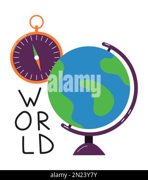 Vecteur d'icône de géographie. Globe et boussole comme symbole de géographie. Illustration de retour à l'école. Illustration de Vecteur